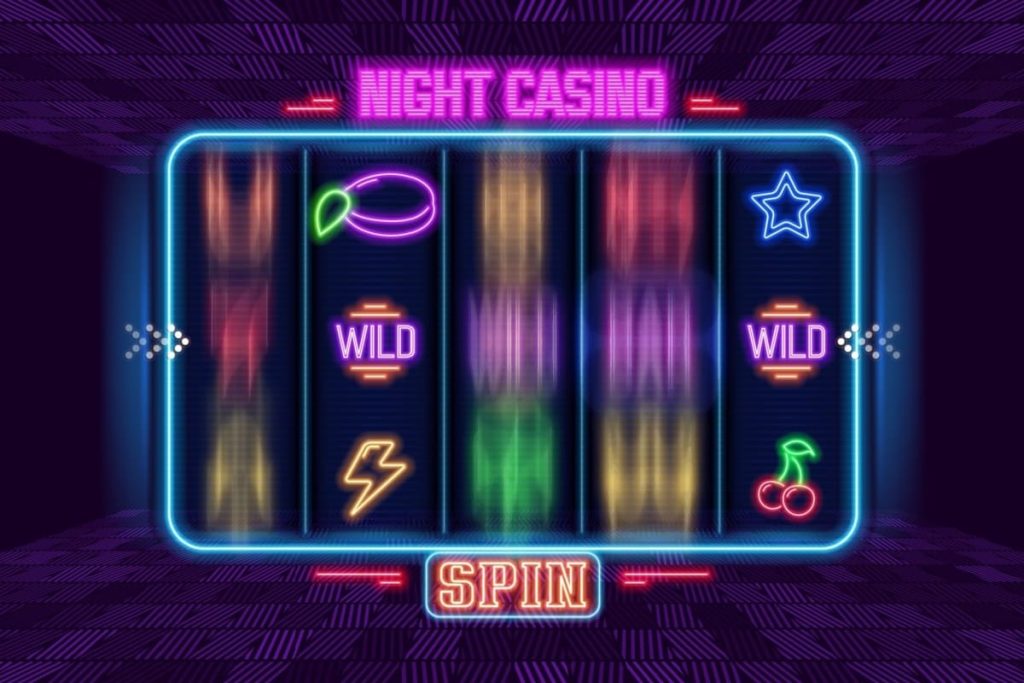 ilustratie slot online cu 5 role in culori neon