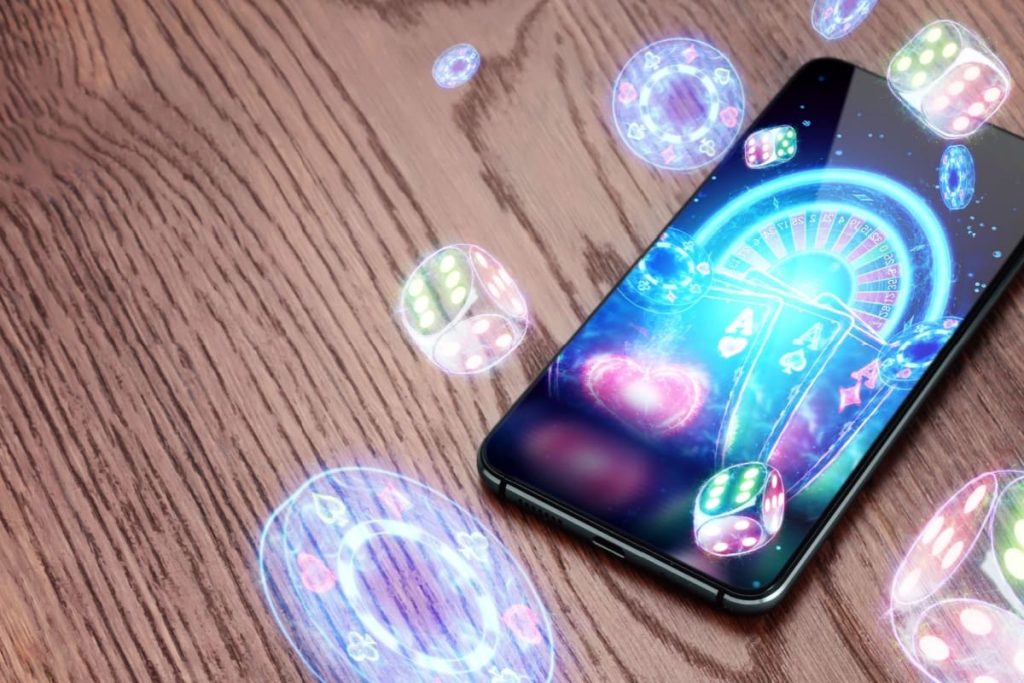 telefon mobil cu elemente specifice jocurilor de cazino in culori neon