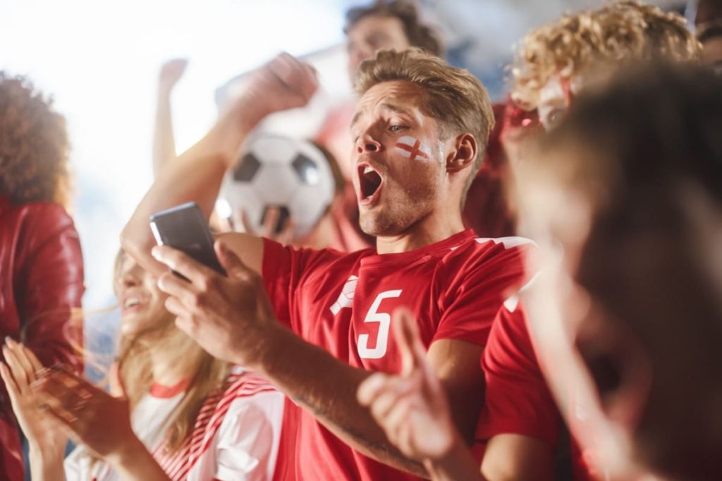 fani fotbal din Anglia fericiti in timpul unui meci